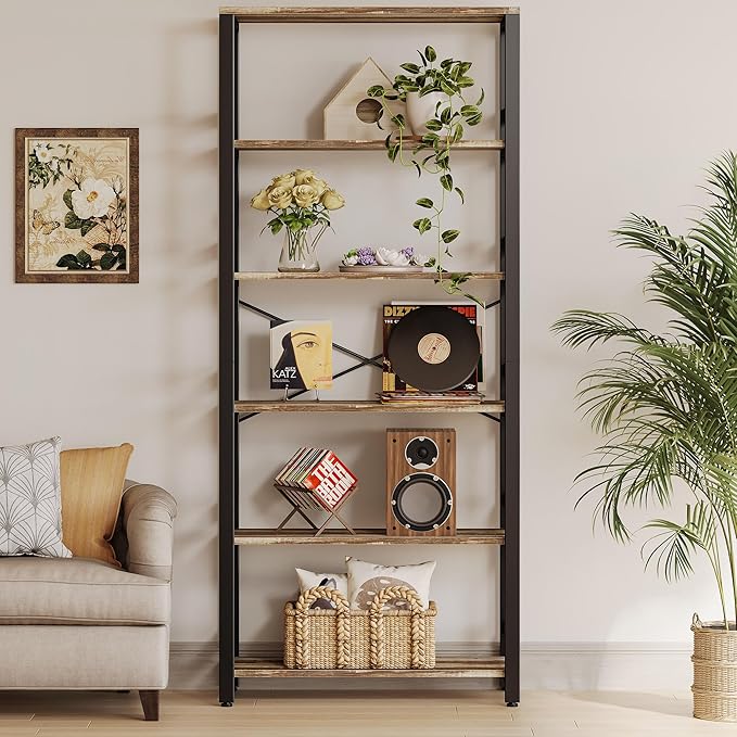 IRONCK Bookshelf, 31.5in Wide Shelf 6 Tier Bookcase, 110lbs/shelf Vintage Industrial Style Bookshelves for Bedroom, Living Room and Home Office, Industrial Brown-Ruum Studio Home