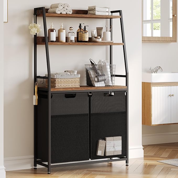 Lulive Double Laundry Hamper with Shelf, Laundry Basket with 3 Tier Storage Shelves & 4 Removable Hooks, Tall Laundry Sorter Clothes Hamper with Pull-Out Bags for Bathroom, Laundry Room-Ruum Studio Home