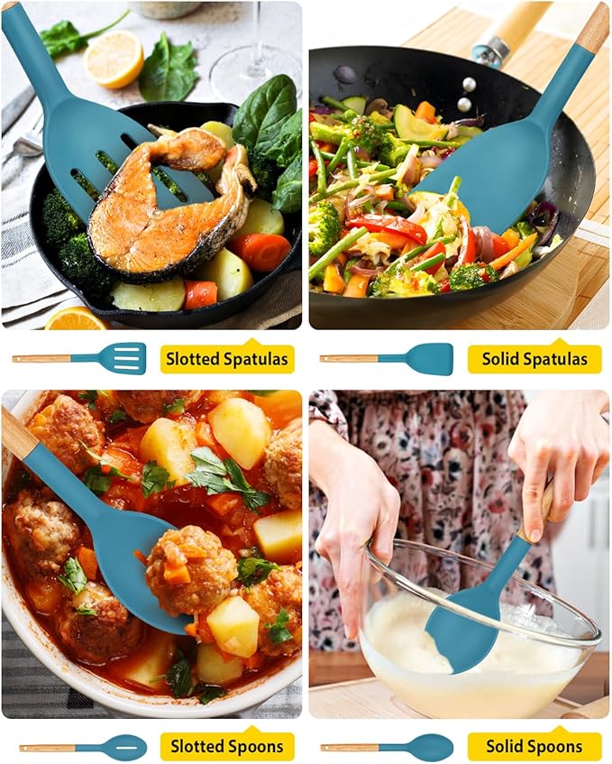 Pack of 4 Silicone Cooking Utensils Set, Non Stick Solid Spatulas and Heat Resistant Slotted Spoons with Wooden Handle, Ideal Wood Kitchen Utensils Set for Frying,Serving,Turning,Stirring (BLUE)-Ruum Studio Home