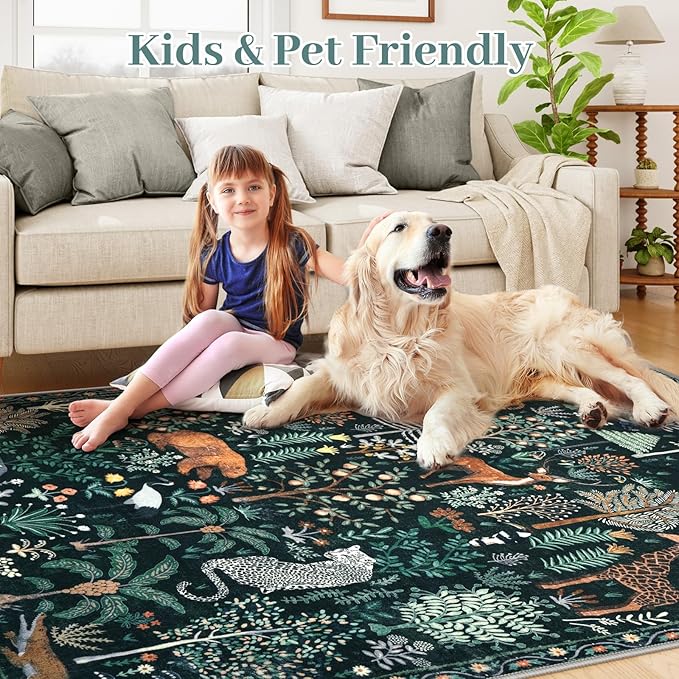 OJIA Jungle Print 5x7 Area Rugs for Living Room, Green Soft Washable Rugs for Bedroom Ultra-Thin Non-Slip Modern Rug, Stain Resistant Nursery Rug Carpet for Kids Playroom Nursery Dining Room-Ruum Studio Home