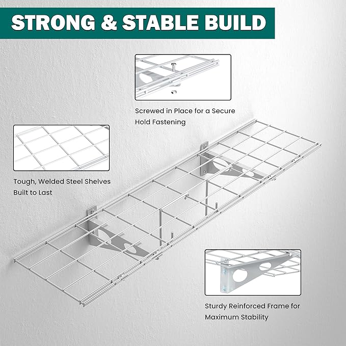 EVERHANGER Garage Wall Shelves, 12 X 48 Inch Wall Mounted Storage Shelves, Heavy Duty Metal Shelving with Hooks, 2 Pack, White-Ruum Studio Home