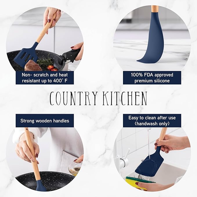 Country Kitchen Non Stick Silicone Utensil Set with Rounded Wood Handles for Cooking and Baking, 14 Piece Set, Navy-Ruum Studio Home