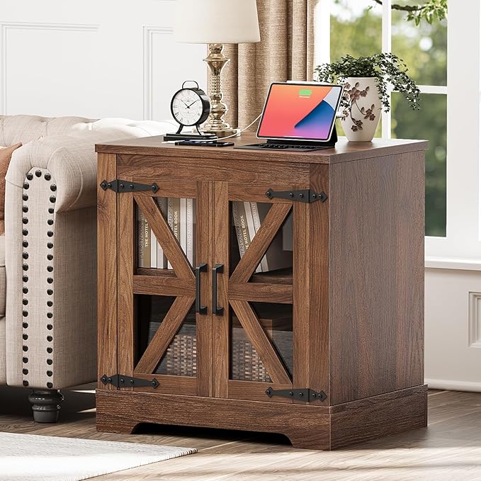 Farmhouse Side Table with Storage Cabinet, End Table with Adjustable Shelf, Night Stand, Wood Nightstand with Charger Station, 24 End Tables Living Room, Rustic Bed Side Tables Bedroom, Walnut-Ruum Studio Home