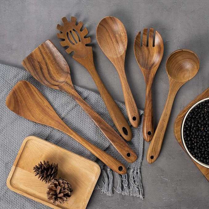 AIUHI 10 Pack Wooden Spoons for Cooking, Teak Wood Kitchen Utensils Set for Non Stick Use, Spatula Set for Stirring, Baking, Non Stick Wooden Utensils for Kitchen-Ruum Studio Home