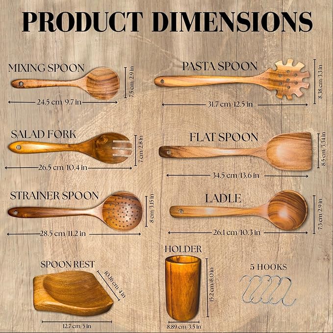 Wooden Spoons for Cooking - 8 Piece Natural Teak Kitchen Utensil Set Non Toxic - Teak Wooden Utensils with Spoon Rest and Holder-Ruum Studio Home