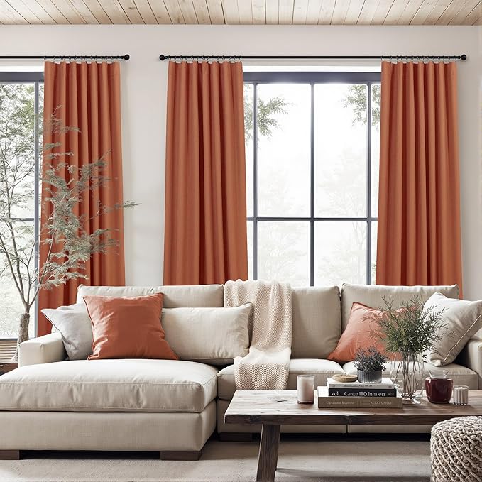 Terracotta Curtain 96 Inch Long for Living Room 2 Panel Back Tab Pleated Thick Linen Blackout Vintage Western Mid Century Thermal Black Out Window Drape for Bedroom Burnt Orange Rust Colored 96 Length