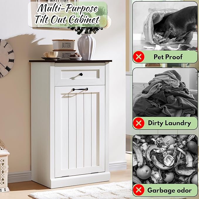 Tilt Out Laundry Hamper Cabinet, 10 Gallon Farmhouse Trash Can Cabinet with Drawer, Hidden Wood Garbage Can Bin Cabinet with Laundry Storage Basket for Bathroom, Kitchen, Antique White-Ruum Studio Home