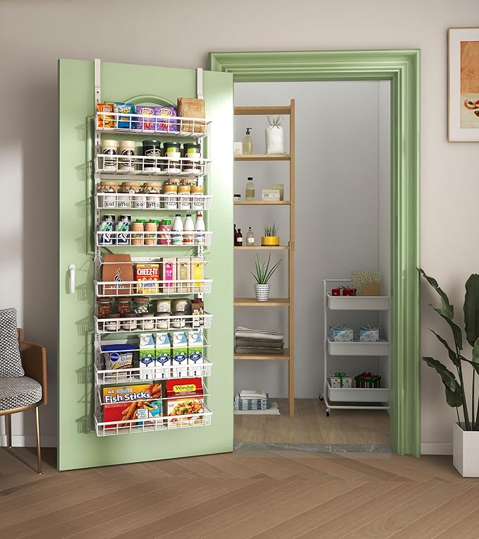 Over The Door Pantry Organizer, Wall Mount Spice Rack, Pantry Hanging Storage and Organization, 8 Adjustable Baskets Heavy-Duty Metal for Home & Kitchen, Back of Door Seasoning Rack - White-Ruum Studio Home