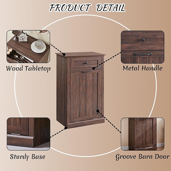Tilt Out Laundry Hamper Cabinet, 10 Gallon Farmhouse Trash Can Cabinet with Drawer, Hidden Wood Garbage Can Bin Cabinet with Laundry Storage Basket for Bathroom, Kitchen, Brown-Ruum Studio Home