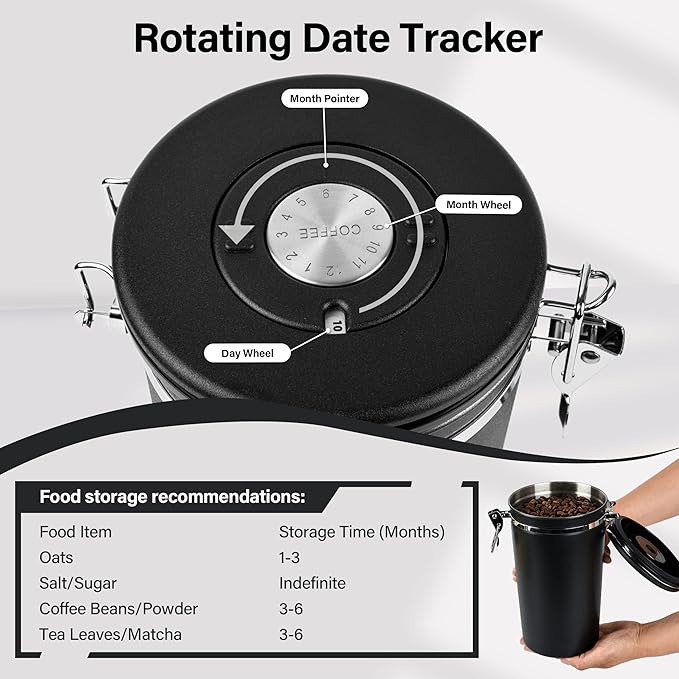 malmo Coffee Canister Set of 3, Airtight Coffee Container with Date Tracker Lid, Stainless Steel Canister for Kitchen Food Storage (Black, 180oz)-Ruum Studio Home