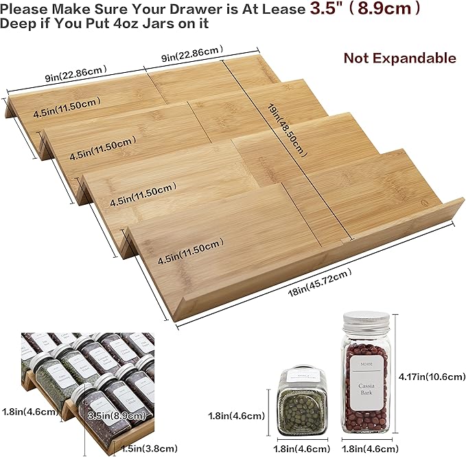 Bamboo Spice Rack Drawer Organizer - 8 Pieces Set- 9" Wide Per Piece - Combine Pieces Into 18" Wide Rack (9" or 18")-Ruum Studio Home