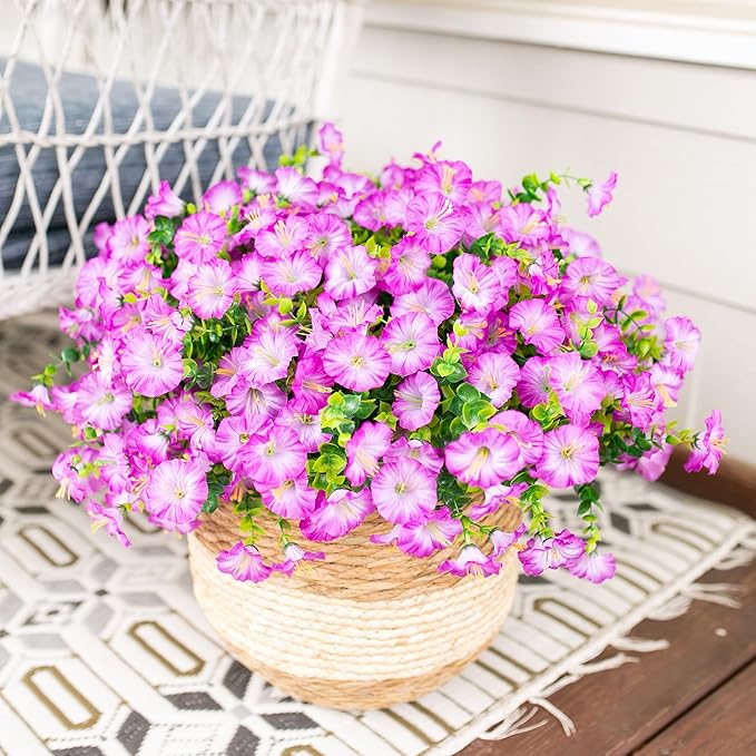 Artificial Flowers for Outdoors Fake Plants Outside Decoration, 12 Bundles Silk Purple Morning Glory UV Resistant Look Real Faux Flowers for Planter Front Door Porch Patio Yard Gardens Home-Ruum Studio Home