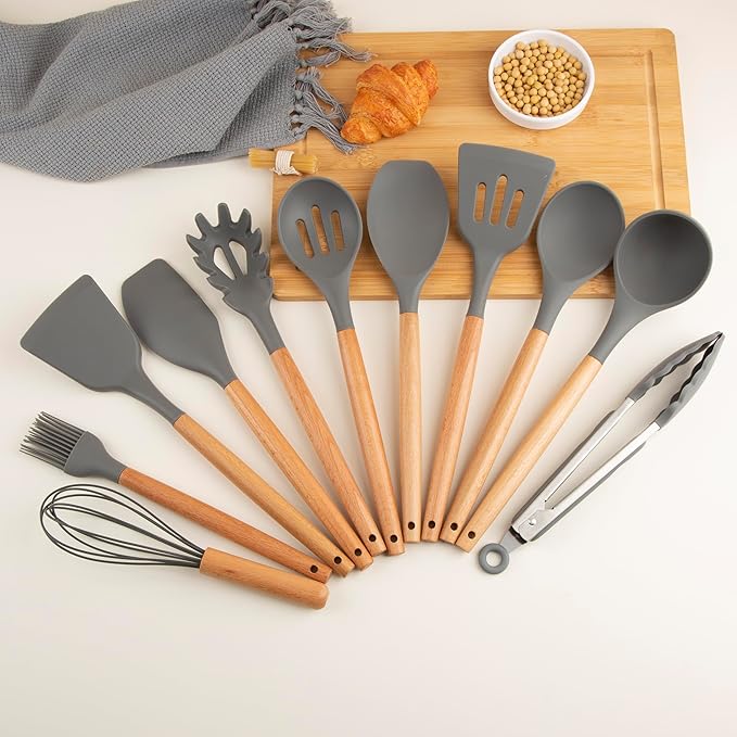 Silicone Cooking Utensils Set, Premium Beech Wood Handle Kitchen Gadgets Utensil Set, Non-Stick Kitchen Utensils Spatula, Tongs, Turner, Whisk, Brush, Spoon, BPA FREE, 446°F Resistant (Dark Gray)-Ruum Studio Home