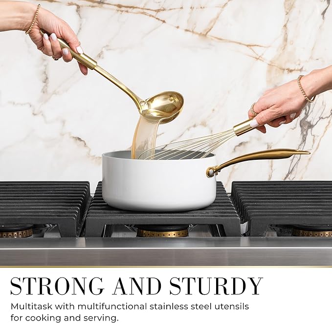 7-Piece Beige & Gold Kitchen Utensils Set – Non-Toxic Silicone & Stainless Steel Tools for Cooking, Serving, & Hosting – Ideal for Nonstick Cookware & Modern Kitchens, with Gold Utensil Holder-Ruum Studio Home