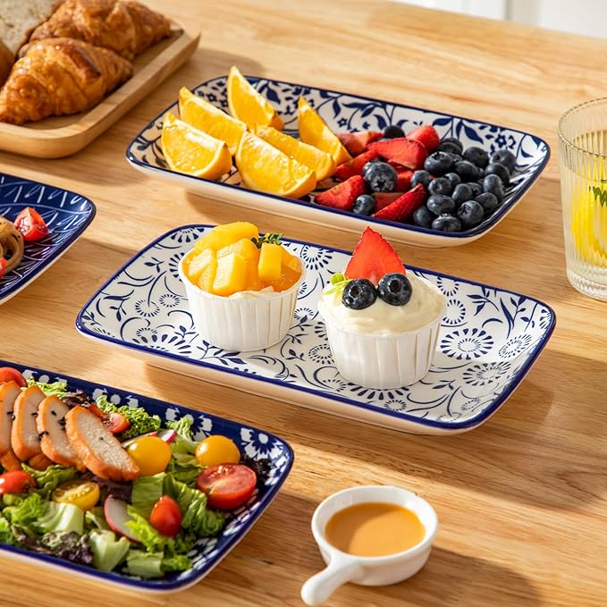 vancasso Selene 9.5 Inch Rectangular Dinner Plates Set of 6, Ceramic Salad Plates for Dessert, Appetizer, Porcelain Serving Platters for Entertaining, Microwave & Oven Safe, Vintage Blue & White Color-Ruum Studio Home