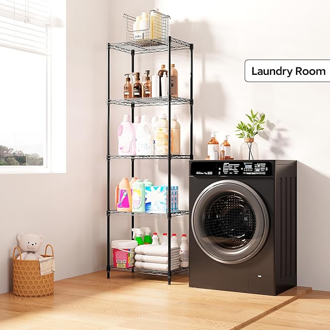 5 Tiers Shelf Metal Storage Shelves Wire Rack Closet Organizers with Wheel for Garage Kitchen Bathroom Laundry Black 11.8" D x 17.7" W x 55" H-Ruum Studio Home