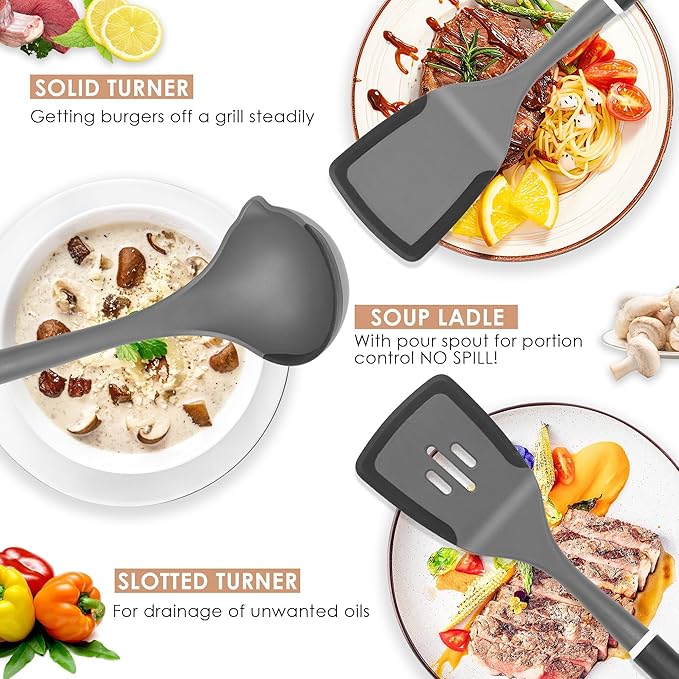 Kitchen Cooking Utensils Set, Non-Stick Spatula Set with Rotating Stand, 6 PCS Silicone Utensils Set for Cooking, 400°F Heat Resistant, Kitchen Gadgets with Nylon Handle & Stable Holder, Dark Grey-Ruum Studio Home