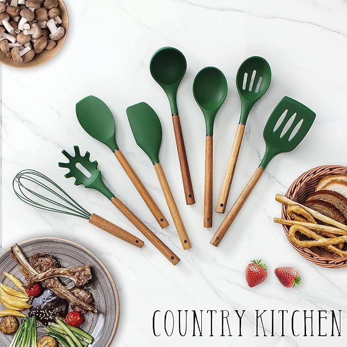Country Kitchen Non Stick Silicone Utensil Set with Rounded Wood Handles for Cooking and Baking, 8 Piece Set, Green-Ruum Studio Home