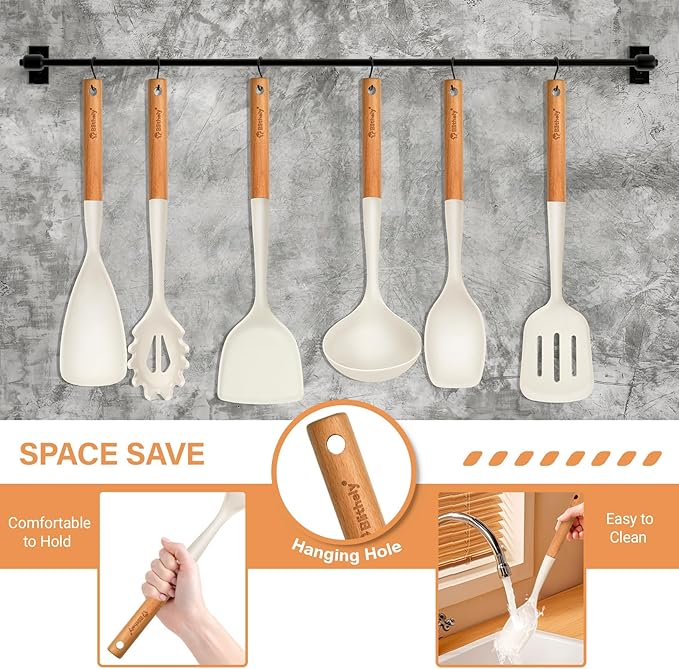 Silicone Cooking Utensils Set, 6 Pack Large Kitchen Utensils Set with Wooden Handle, Heat Resistant Silicone Utensil Spatula Set for Nonstick Cookware, Spatula, Turner, Spoon, Ladle BPA Free (White)-Ruum Studio Home