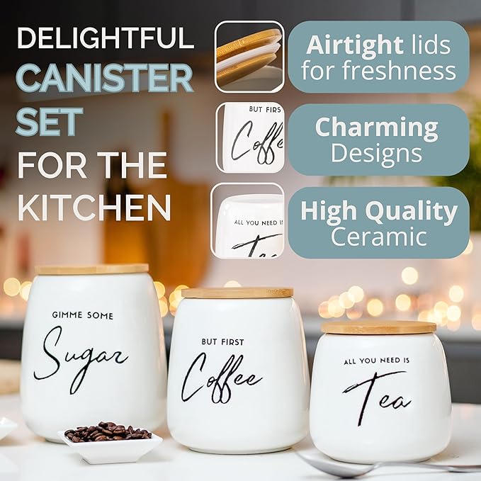 Coffee Tea and Sugar Ceramic Canister Set - 3-Piece Airtight Kitchen Canisters for Countertop - Coffee Bar Container Set-Ruum Studio Home