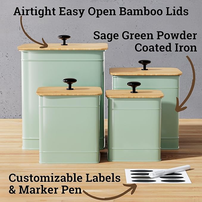 Kitchen Canisters for Countertop Set of 4 with Customizable Chalkboard Labels & Marker Pen - Big Iron Kitchen Canisters with Airtight Lids - Sage Green Canister Set - Flour and Sugar Containers-Ruum Studio Home