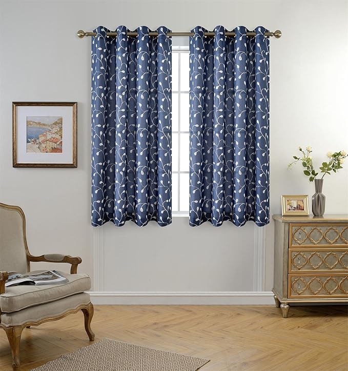 MIUCO Floral Embroidery Semi Sheer Curtains Faux Linen Grommet Window Curtains for Living Room 52 x 63 Inch 2 Panels, Navy Blue-Ruum Studio Home