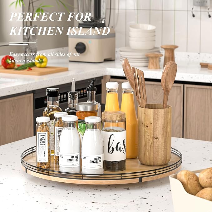21" Lazy Susan Oak Wood Turntable Organizer for Cabinet, Farmhouse Round Wooden Large Lazy Susan Organization and Storage for Dining Table, Pantry, Kitchen, Countertop, Cupboard, Home Decor-Ruum Studio Home