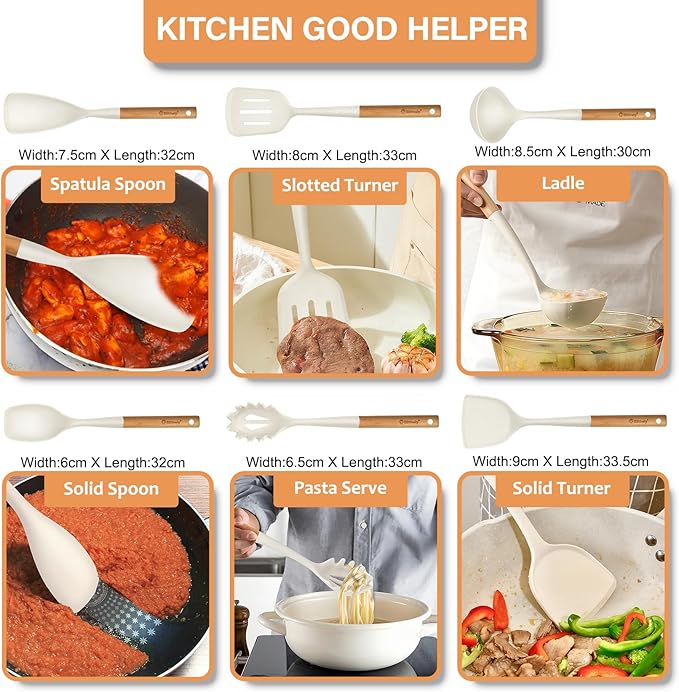 Silicone Cooking Utensils Set, 6 Pack Large Kitchen Utensils Set with Wooden Handle, Heat Resistant Silicone Utensil Spatula Set for Nonstick Cookware, Spatula, Turner, Spoon, Ladle BPA Free (White)-Ruum Studio Home
