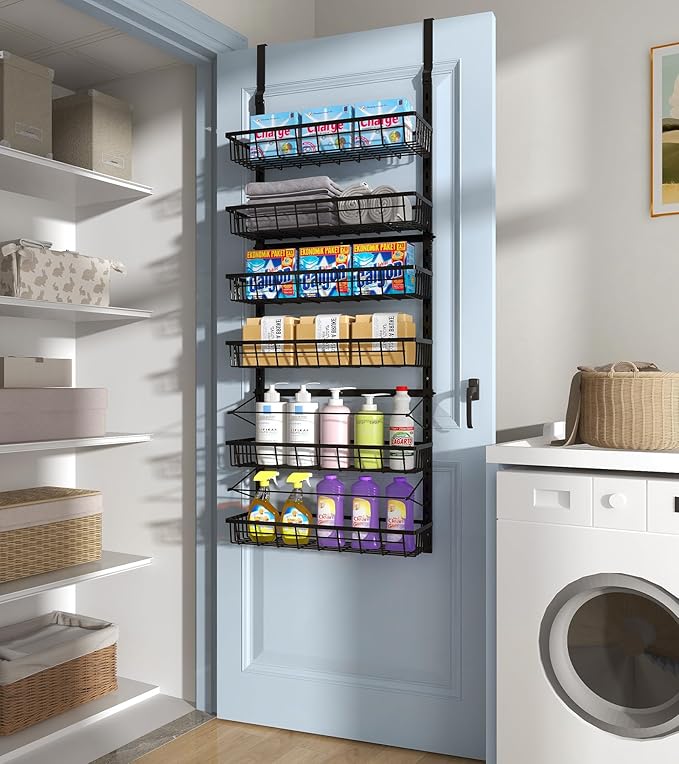 Over The Door Pantry Organizer, Pantry Storage and Organization, 6-Tier Adjustable Hanging Baskets, Metal Wall Mount Spice Rack Seasoning Shelves for Home & Kitchen, Laundry Bathroom - Black-Ruum Studio Home