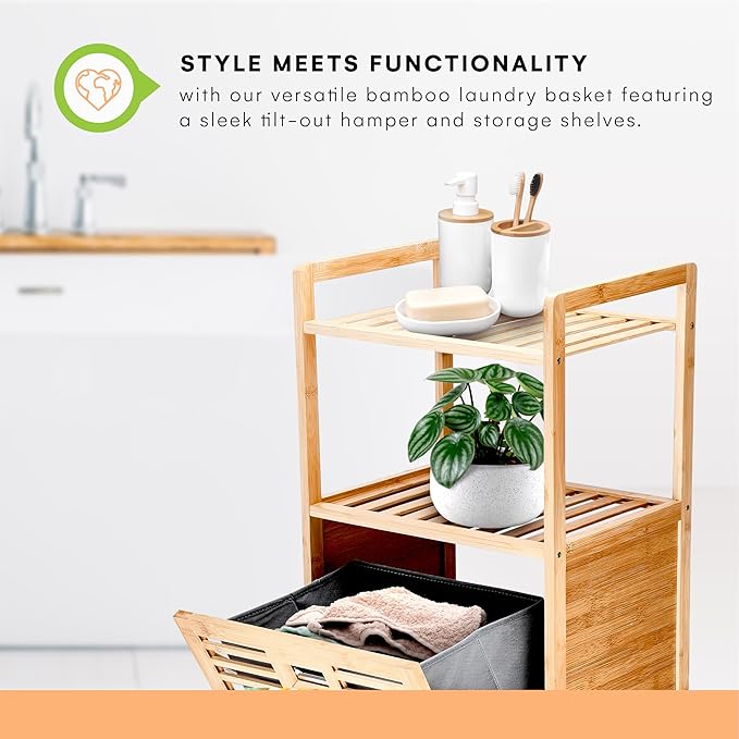 Prosumer’s Choice Bamboo Tilt-Out Laundry Hamper with 2-Tier Storage Shelves – Freestanding Clothes Hamper with Removable Liner, Space-Saving Design for Bathroom or Bedroom – 15.5”L x 11.8”W x 37.4”H-Ruum Studio Home