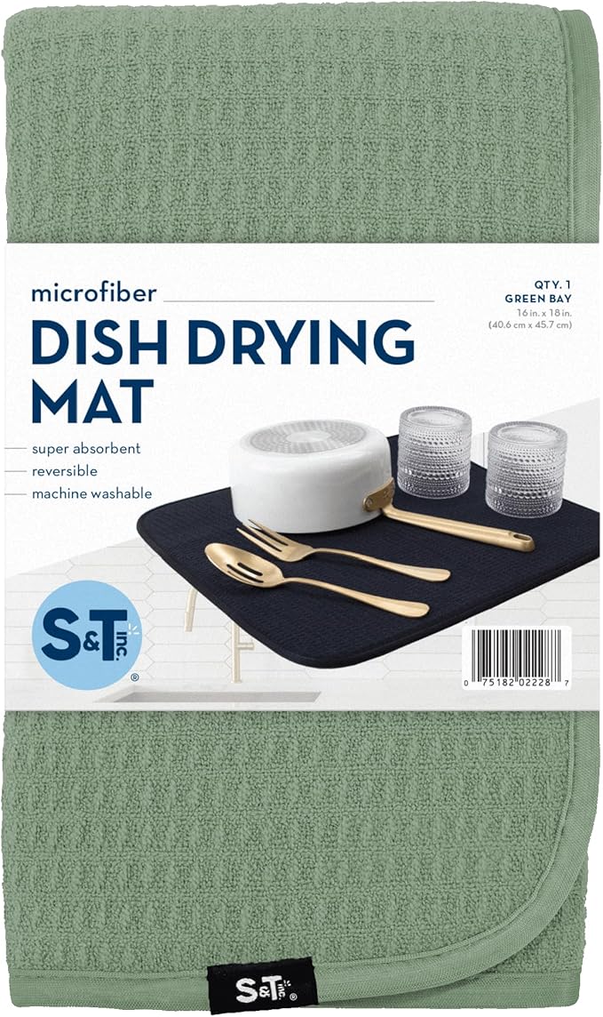 S&T INC. Dish Drying Mat, 16” x 18”, Absorbent Microfiber Kitchen Counter Mat, Dish Drying Pad for Dishes, Utensils, Pots and Pans, Large, Sage Green-Ruum Studio Home