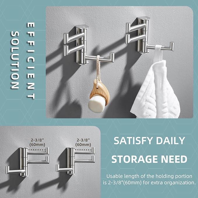 Angle Simple Swivel Towel Hooks, SUS 304 Stainless Steel Foldable Robe Hand Towel Holder for Bathroom Kitchen Wall, Brushed Nickel, 2 Pack-Ruum Studio Home