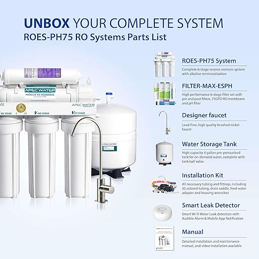 APEC Water Systems ROES-PH75 Essence Series Top Tier Alkaline Mineral pH+ 75 GPD 6-Stage Certified Ultra Safe Reverse Osmosis Drinking Water Filter System with WiFi Smart Water Leak Detector and App-Ruum Studio Home