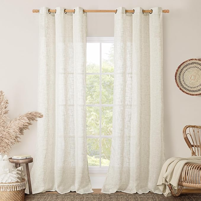 LAMIT Linen Sheer Curtains 84 Inches Long for Living Room, Soft Linen Textured Window Drapes Semi Sheer Light Filtering Bronze Grommet Neutral Panels for Bedroom, Cream Ivory, 2 Panels, 34 x 84 Inch-Ruum Studio Home