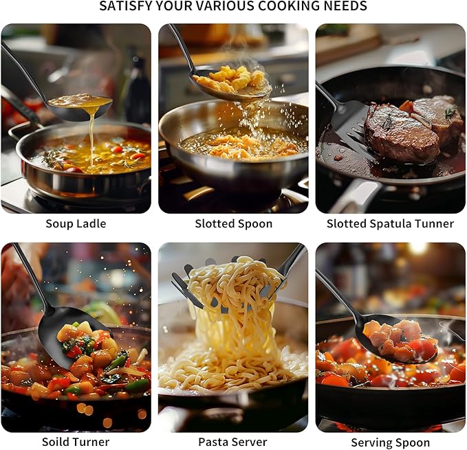 304 Stainless Steel Cooking Utensils,6 Pcs Kitchen Cooking Utensils Set with Spatula, Solid Spoon, Ladle, Skimmer, Spaghetti Spoon,Dishwasher Safe(Black)-Ruum Studio Home