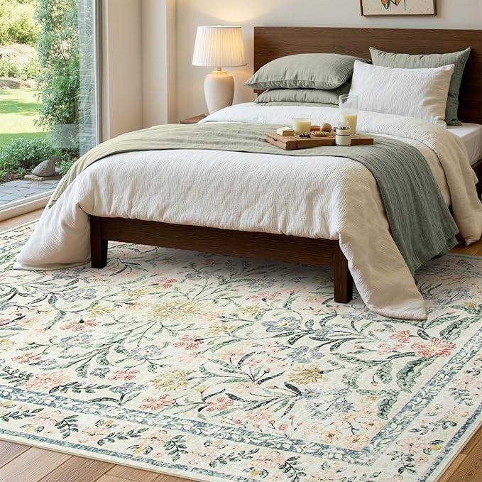 Wonnitar Washable 6x9 Area Rugs, Soft Floral Rug for Bedroom Kids Playroom Light Colored Carpet, Non Slip Ultra-Thin Indoor Beige Carpet for Living Room Classroom Office-Ruum Studio Home