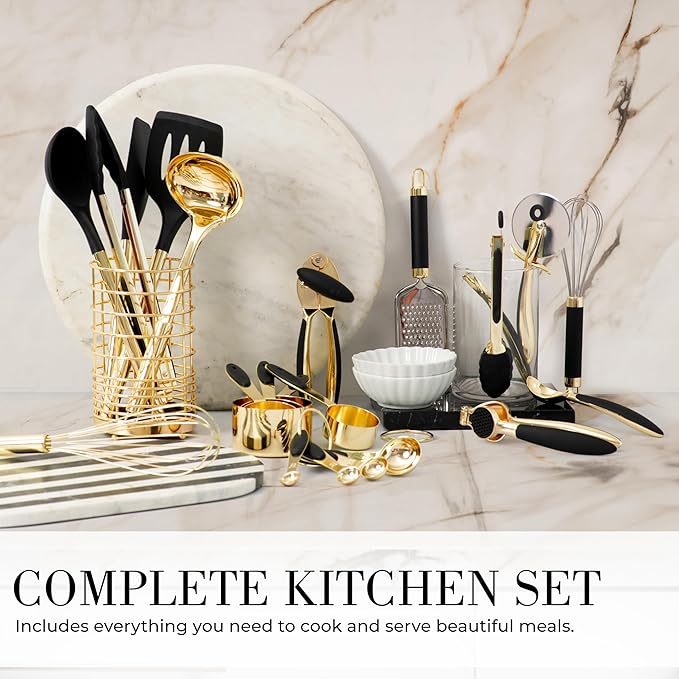 Black and Gold Kitchen Utensils Set - 23-Piece Luxury Kitchen Accessories Includes Gold Measuring Cups, Spoons, Silicone Cooking Utensils and Tools for Baking, Cooking, and Stylish Kitchen Decor-Ruum Studio Home