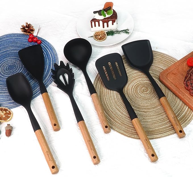 Silicone Cooking Utensils Set, 6 Pack Large Kitchen Utensils Set with Wooden Handle, Heat Resistant Silicone Utensil Spatula Set for Nonstick Cookware, Spatula, Turner, Spoon, Ladle BPA Free (Black)-Ruum Studio Home
