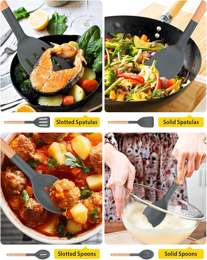 Pack of 4 Silicone Cooking Utensils Set, Non Stick Solid Spatulas and Heat Resistant Slotted Spoons with Wooden Handle, Ideal Wood Kitchen Utensils Set for Frying,Serving,Turning,Stirring (GRAY)-Ruum Studio Home