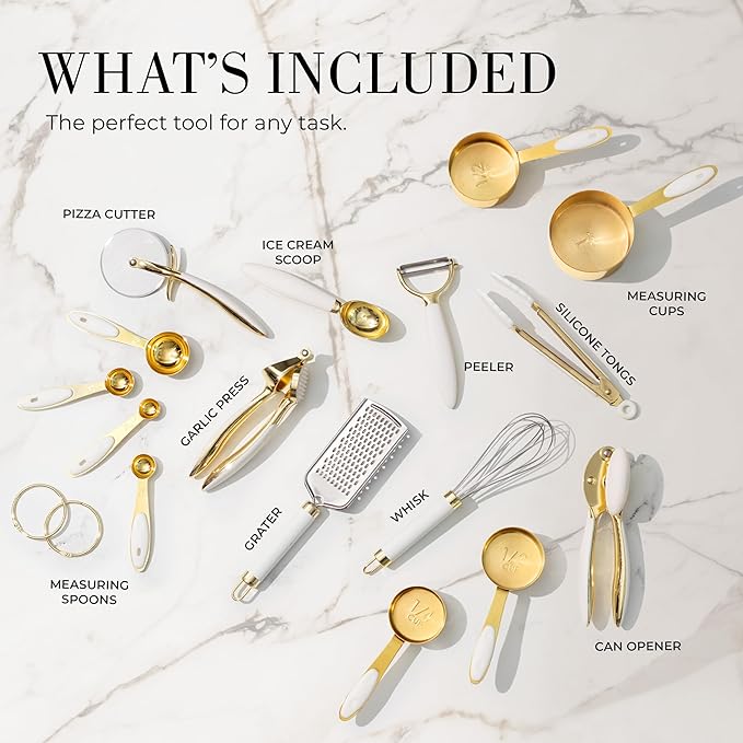 Styled Settings White and Gold Kitchen Utensils Set – 16-Piece Silicone Cooking Utensils with Measuring Cups and Spoons-Ruum Studio Home