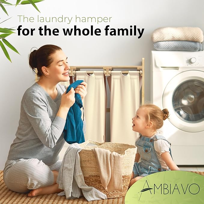 Laundry basket with wheels beige - Large Bamboo Laundry Sorter with Removable Cotton Bags - 3 Section laundry room organization - Durable, Eco-Friendly, and Stylish Storage Solution for Home-Ruum Studio Home
