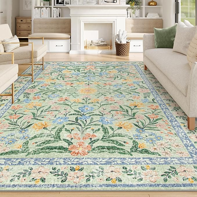 Wonnitar Machine Washable Area Rugs 9x12, Soft Sage Green Floral Rug for Living Room Bedroom, Ultra-Thin Large Foldable Boho Carpets for Playroom Classroom Dining Room-Ruum Studio Home