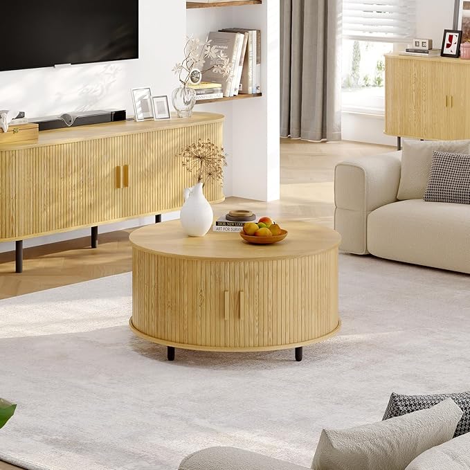 Round Coffee Table with Storage, 31.5" Modern Coffee Table with 360° Curved Sliding Door, Fluted Wood Accent Coffee Table with Adjustable Footpads, Round Center Table for Living Room, Oak-Ruum Studio Home