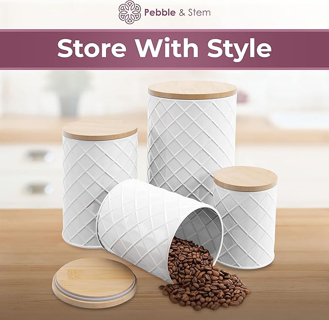 Pebble & Stem® White Metal Canister Set for the Kitchen Counter, Food Canister Set of 4, Airtight Lids, Sugar and Flour Containers for Countertops, Coffee and Tea Storage, Farmhouse Decor-Ruum Studio Home