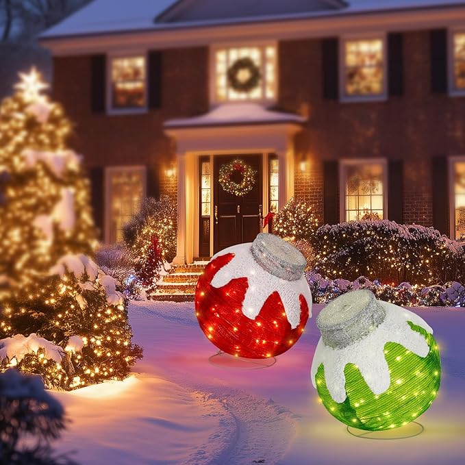 BRIGHTDECK 2 Pcs Outdoor Christmas Ornaments, Lighted Pop-Up Outdoor Holiday Ball Decoration with 80 LED Lights, 8 Light Modes, Lighted Collapsible Holiday Decorations for Yard, Home (RedGreen)-Ruum Studio Home