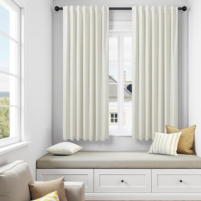 Neutral Rustic Nursery Blackout Curtains for Bedroom 58 Inches Long Cream Ivory Insulated Thermal Curtains for Summer Heat Blocking Linen Custom Drapes Back Tab Pleated Industrial Farmhouse 58 Length