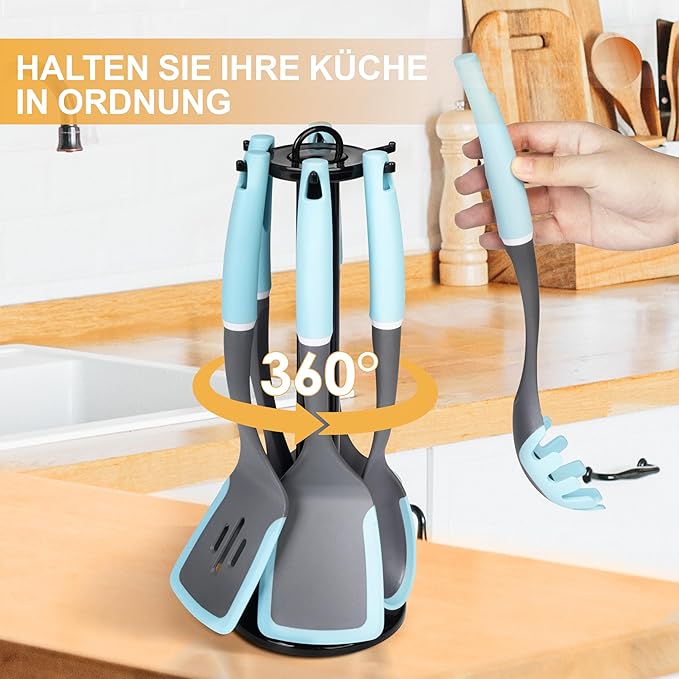 6-Piece Silicone Kitchen Utensil Set with Rotating Stand, Non-Stick, Heat-Resistant (400°F), Nylon Handle, Cooking Spatula Set for Baking & Cooking, Light Blue-Ruum Studio Home