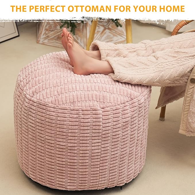 Round Stuffed Pouf Ottoman for Foot Rest, Storage Ottoman Pouf Foot Stool Cushion, Faux Fur Poufs with Foam Chunk Filling, 26 X 18 Inch Floor Chair for Living Room Bedroom Home Decor, Pink-Ruum Studio Home