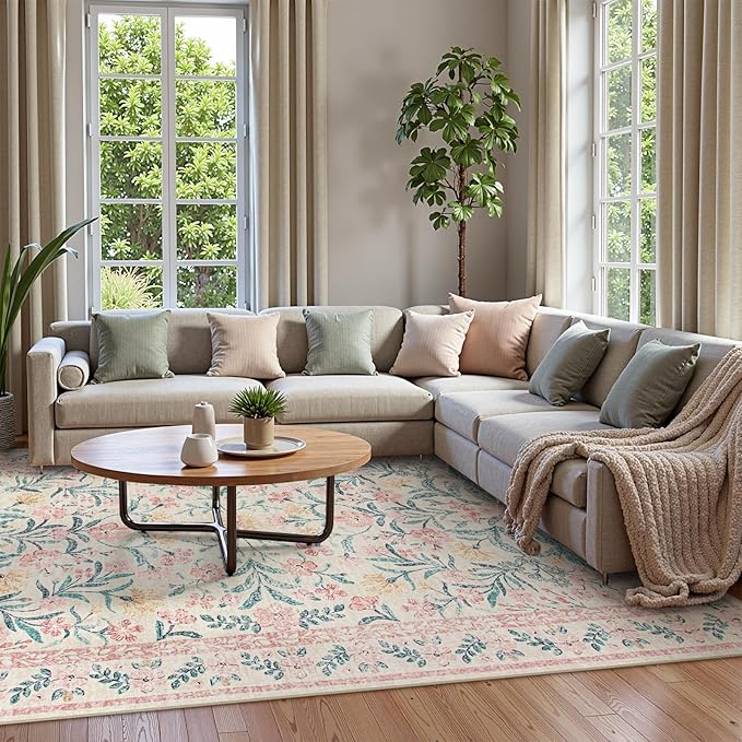 Wonnitar Machine Washable 10x14 Area Rugs, Large Living Room Rug Floral Pink and White Carpet, Boho Soft Ultra-Thin Foldable Carpets for Bedroom Dining Room Office-Ruum Studio Home