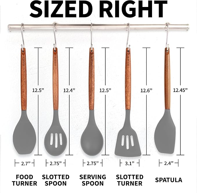 Zulay Kitchen Utensils Set Non-Stick Silicone Cooking Utensils Set with Authentic Acacia Wood Handles - 5 Piece Silicone Utensil Set - Kitchen Utensils Set with 464°F Heat Resistance - Gray-Ruum Studio Home